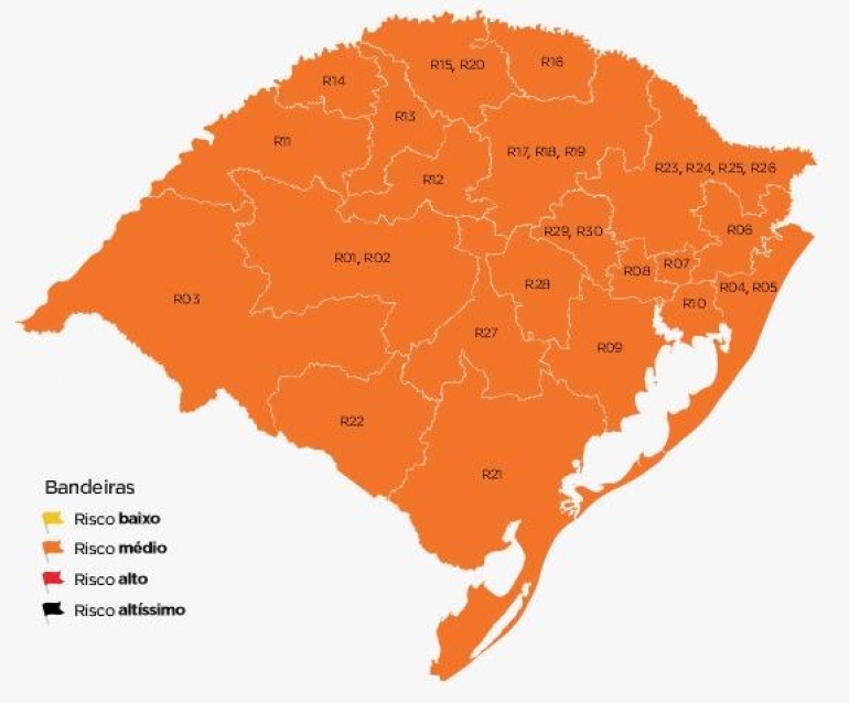 Mapa preliminar do distanciamento controlado todas regiões na cor laranja